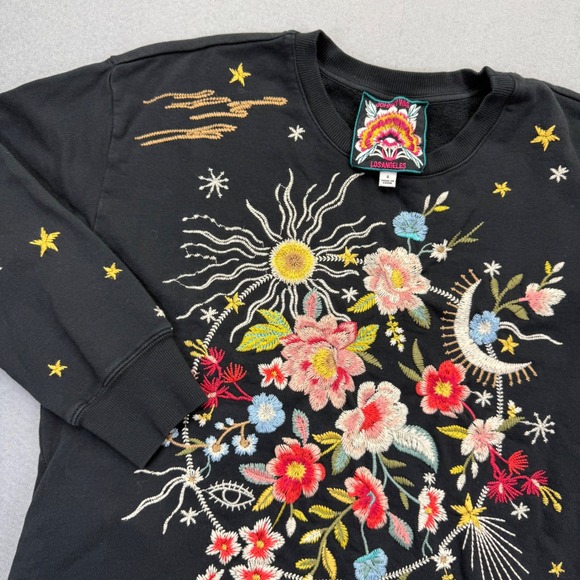 Johnny Was Tops - Johnny Was J19522-2 Black Embroidered Celestial Floral Sweatshirt Womens Small